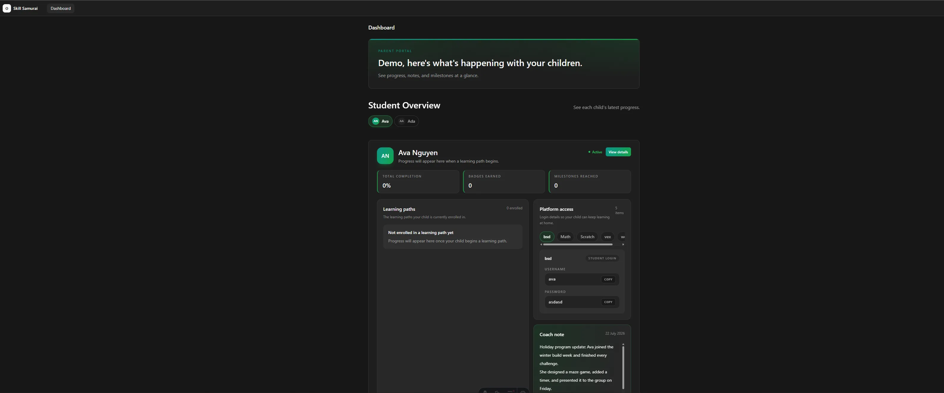 Parent portal dashboard showing a child's progress, learning paths, and coach note