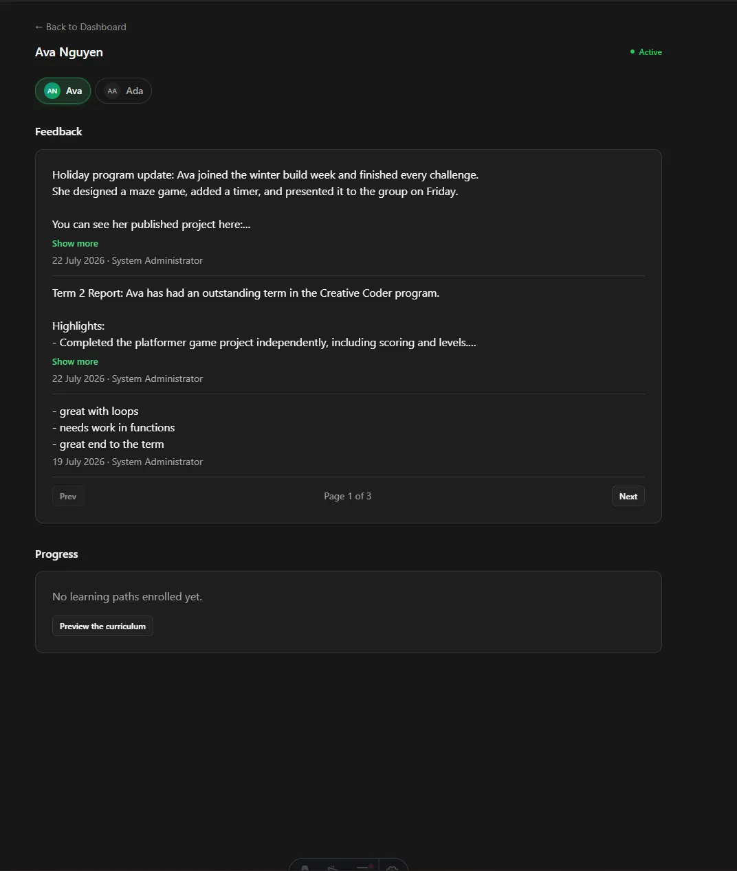 Parent feedback history at a narrow width