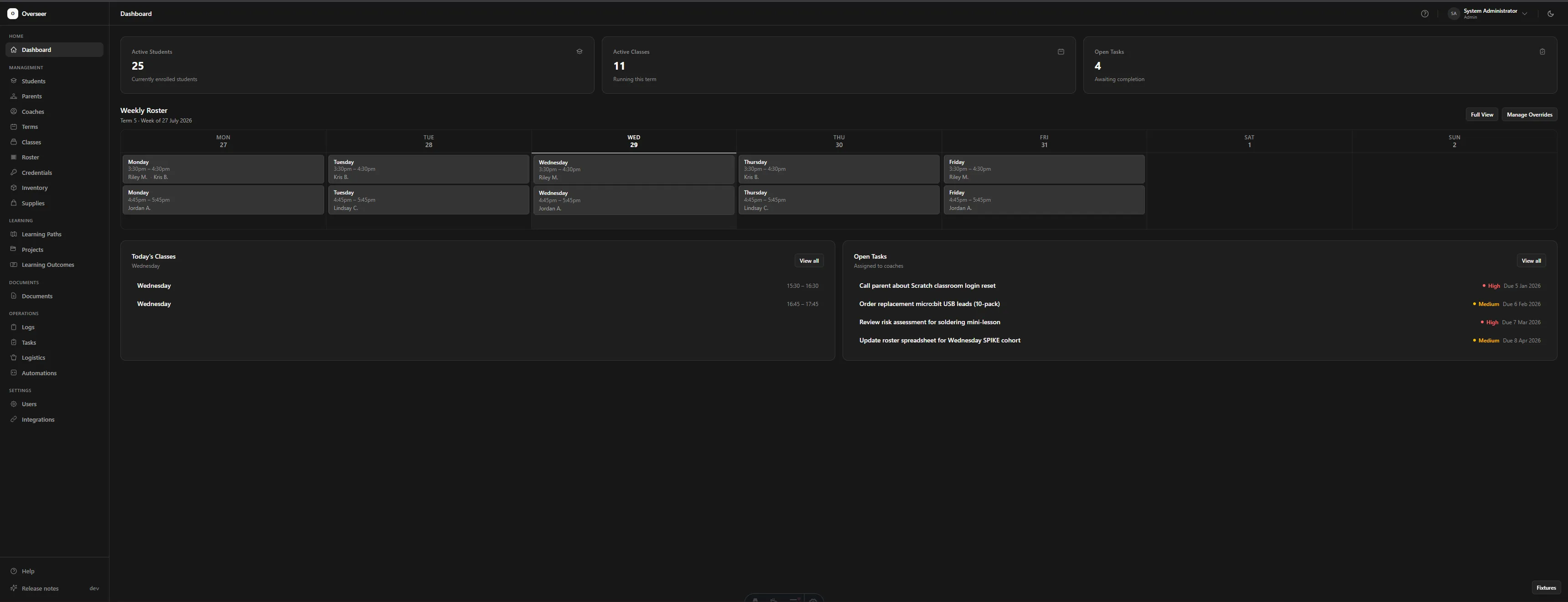 Staff console dashboard with weekly roster, today's classes, and open tasks