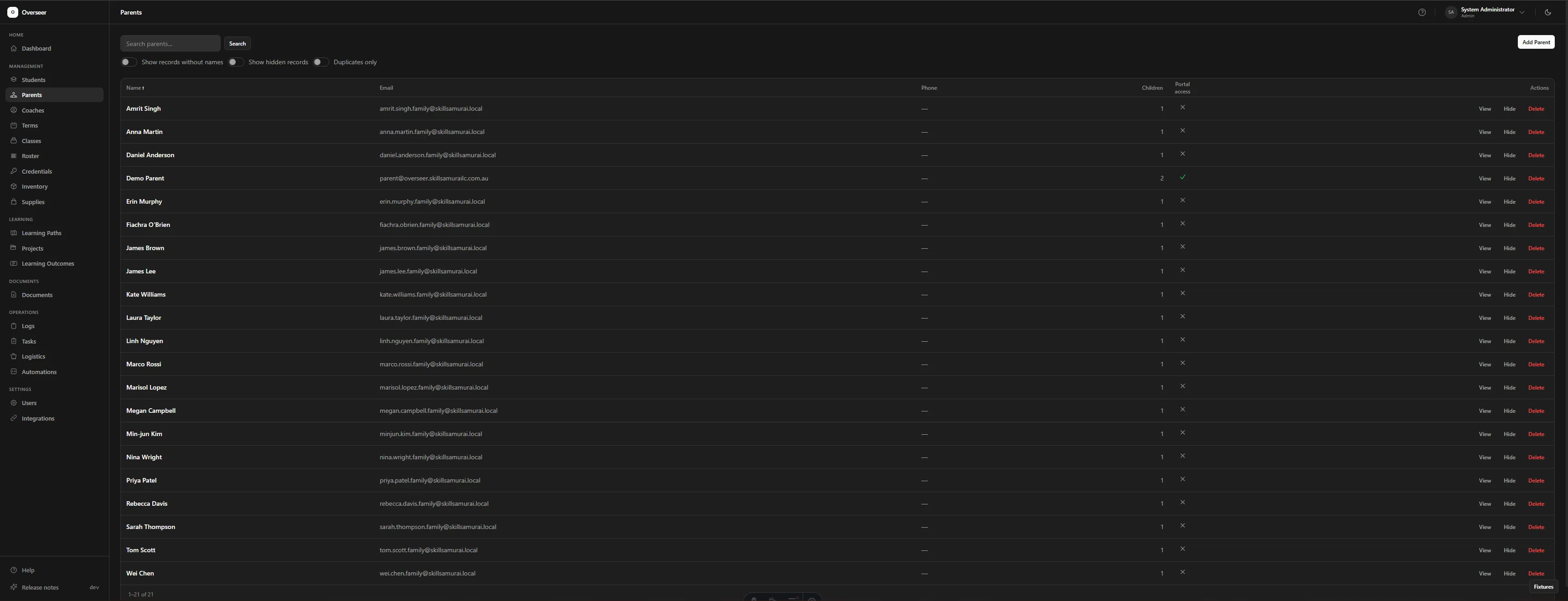 Staff parents list with search and portal-access status