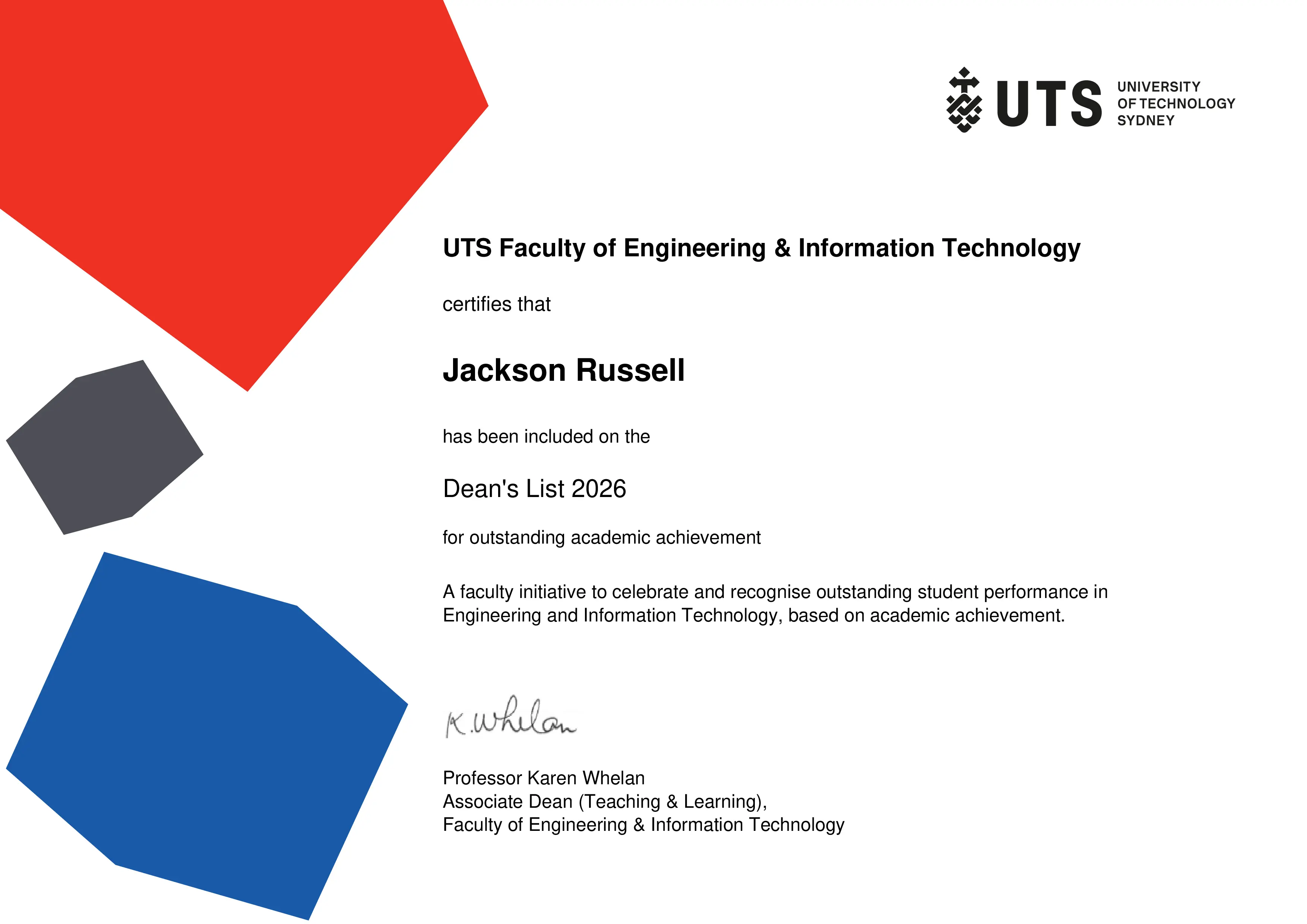 UTS Dean's List 2026 certificate awarded to Jackson Russell